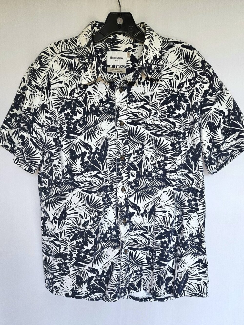 Goodfellow Tropical Hawaiian Shirt | Navy White Palm Print | Men's Large